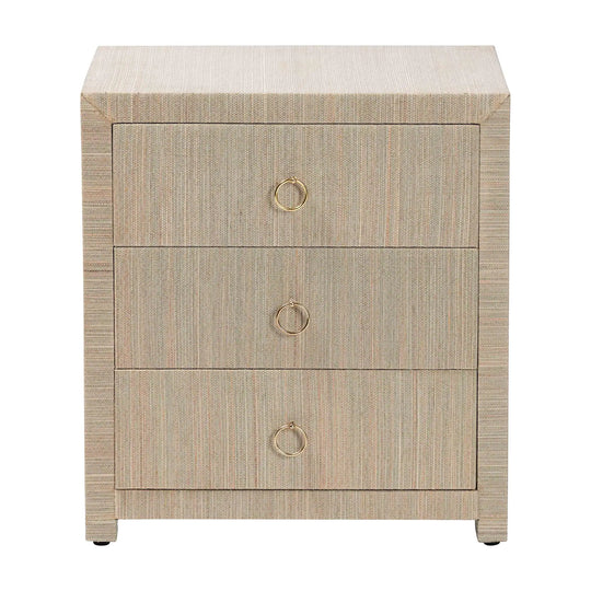 Quinn Bohemian Woven Natural Grasscloth 3-Drawer Nightstand