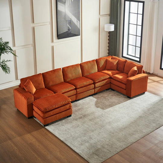 Modern U-Shaped 6-Seater Sectional Sofa with One Footstool