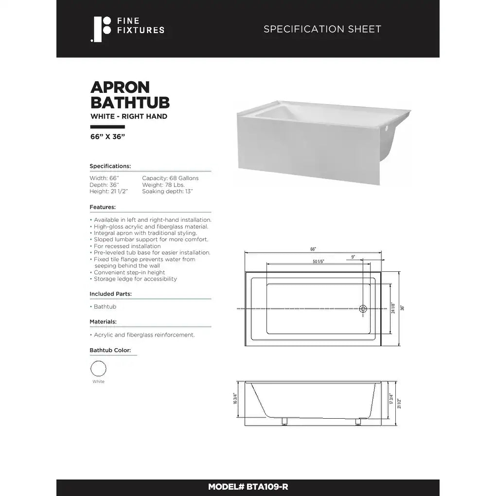 Acrylic-Fiberglass Soaking Bathtub, White. Alcove/Apron Front