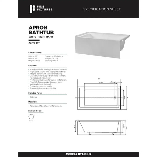 Acrylic-Fiberglass Soaking Bathtub, White. Alcove/Apron Front