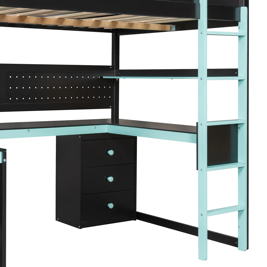 Full Size Wooden Gaming Loft Bed with Storage Stairs, Desk, Shelves and Pegboard