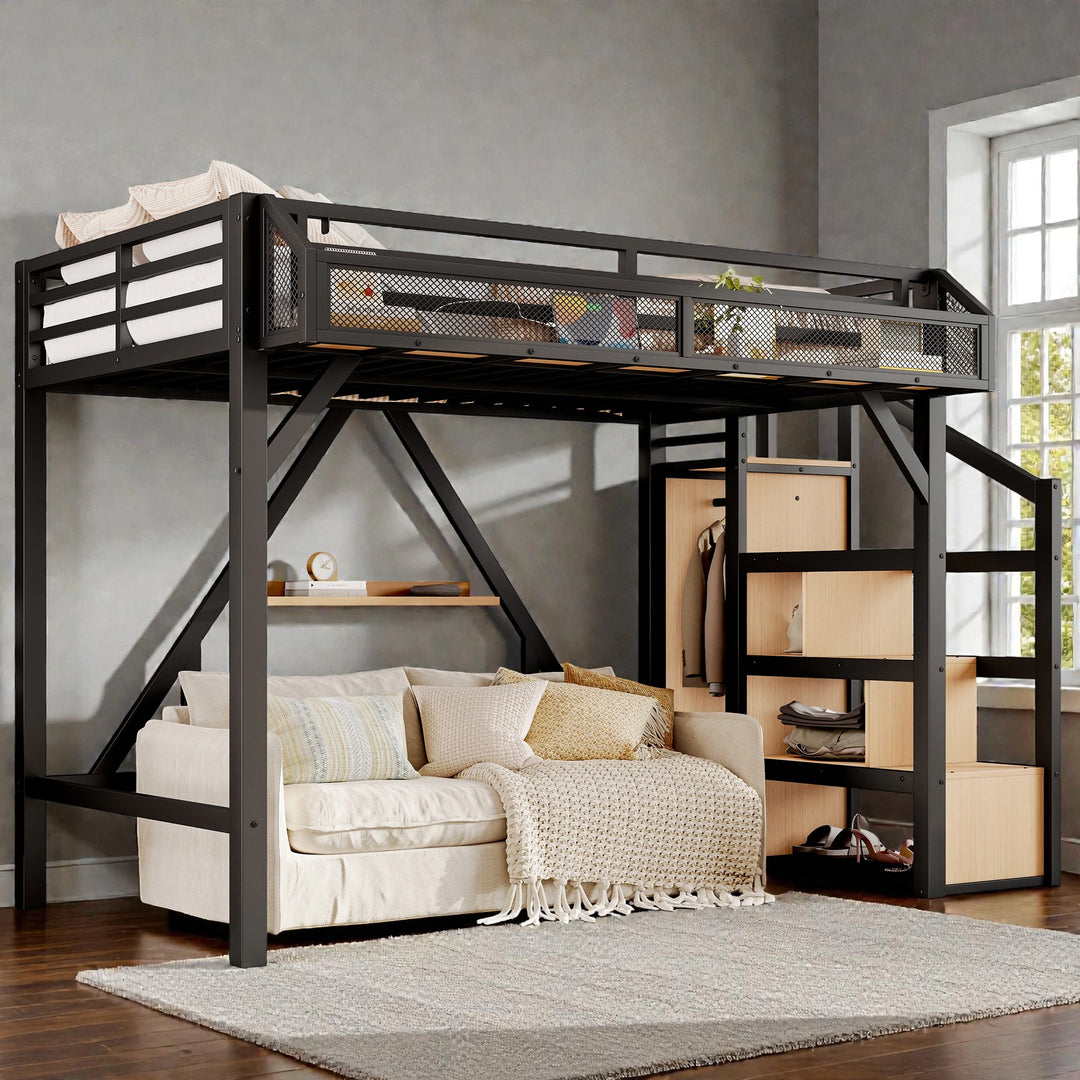 Metal Loft Bed with Storage Stairs, Built-In Wardrobe, Shelves, USB Ports, LED Lights & Noise-Reduced Frame