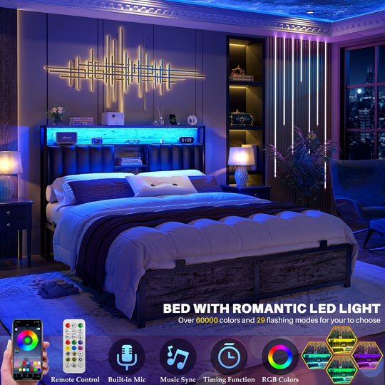 Upholstered Bed Frame with Storage Shelving, Platform Beds with Charge Station and LED Lights