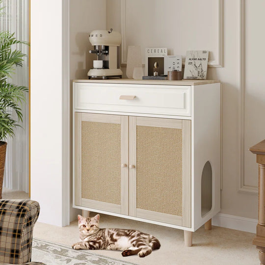 Cat Litter Box Enclosure Wood Cat Crate Furniture with Scratching Pad Doors