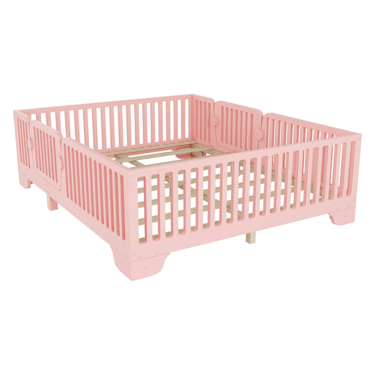 Full Size Montessori Floor Bed Frame with Safety Rails and Removable Door, Low Profile Kids Bed with Slatted Support