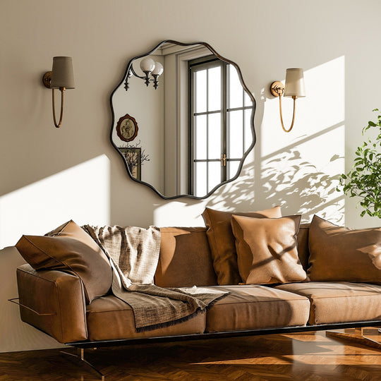 Round Wavy Bathroom Mirror Deep Frame Decorative Mirror Wall-Mounted