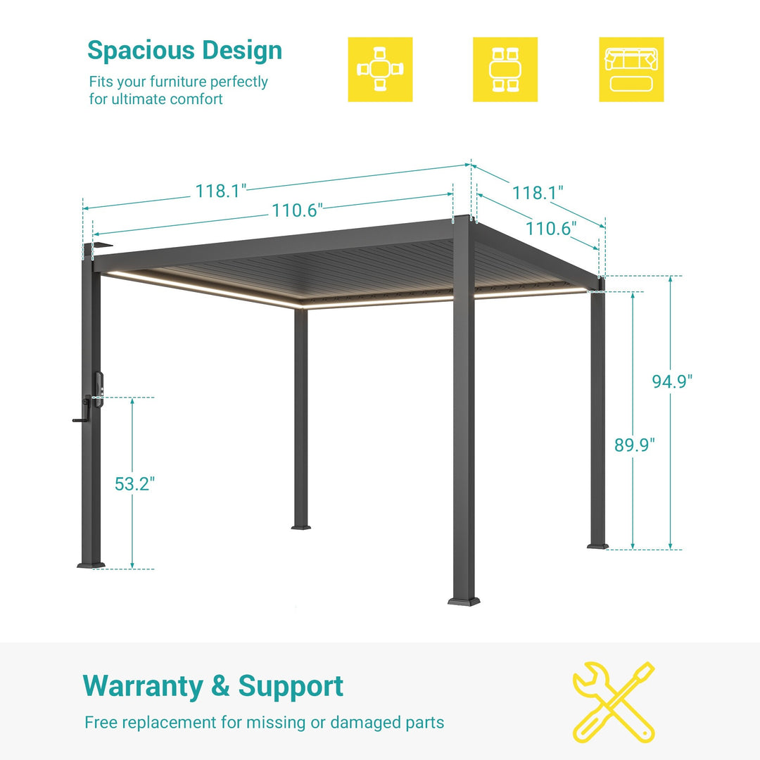 Outdoor Metal Solar LED Louvered Pergola with Adjustable Roof