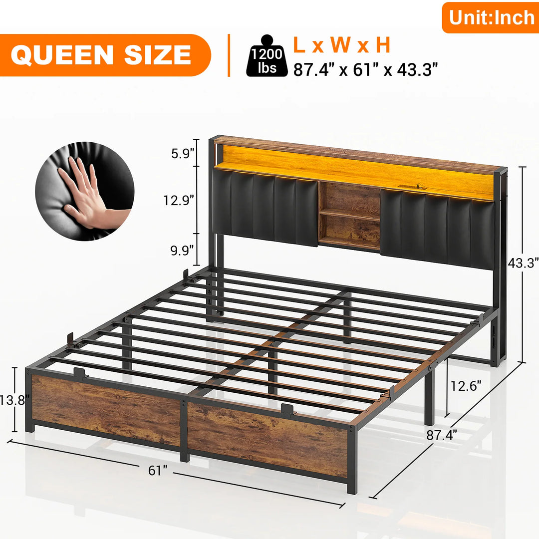 Upholstered Bed Frame with Storage Shelving, Platform Beds with Charge Station and LED Lights