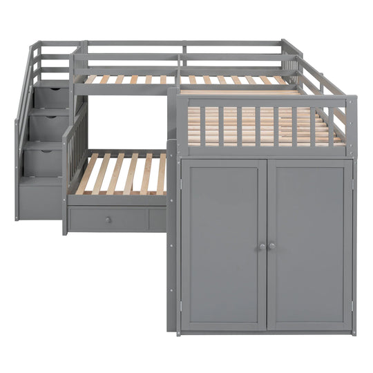 L-Shaped Bunk Bed with Three Drawers, Portable Desk and Wardrobe, Twin-Twin over Full Design