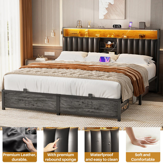 Upholstered Bed Frame with Storage Shelving, Platform Beds with Charge Station and LED Lights