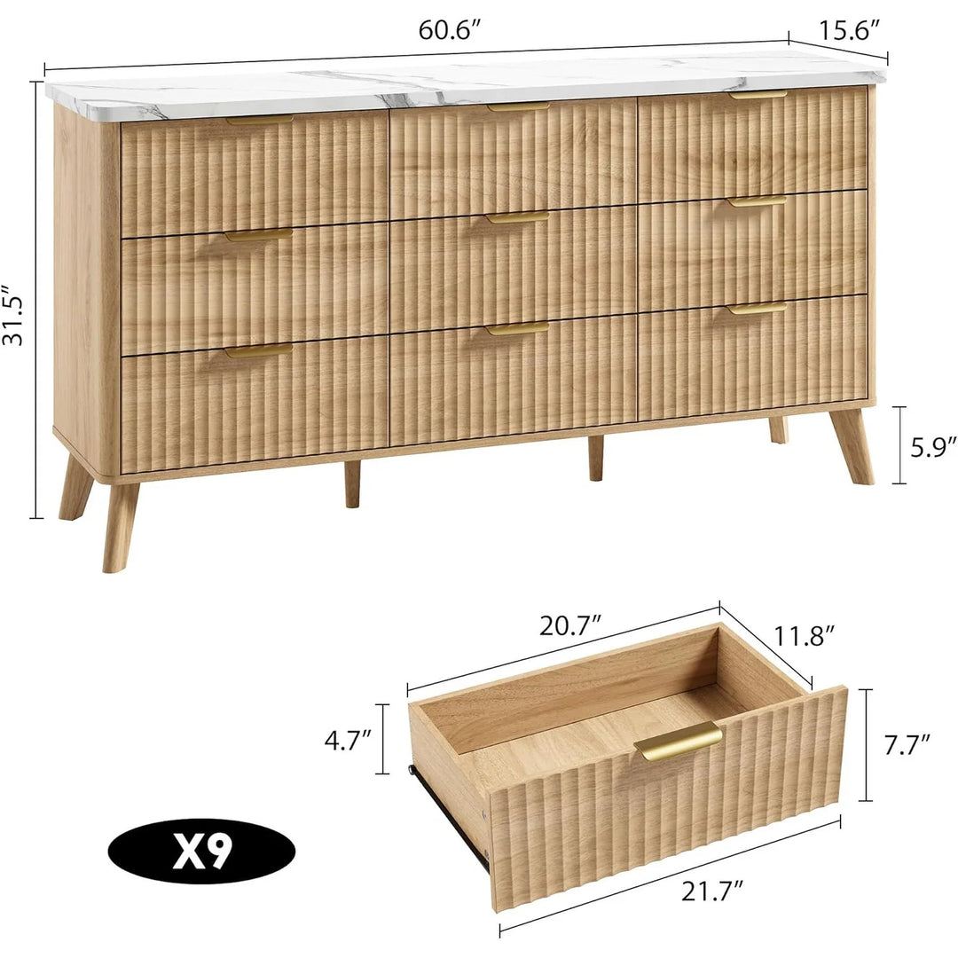 Fluted 9-Drawer Dresser, 60.6" Wide Modern Wooden Chest with Curved Design, Dresser TV Stand for Living Room, Walnut
