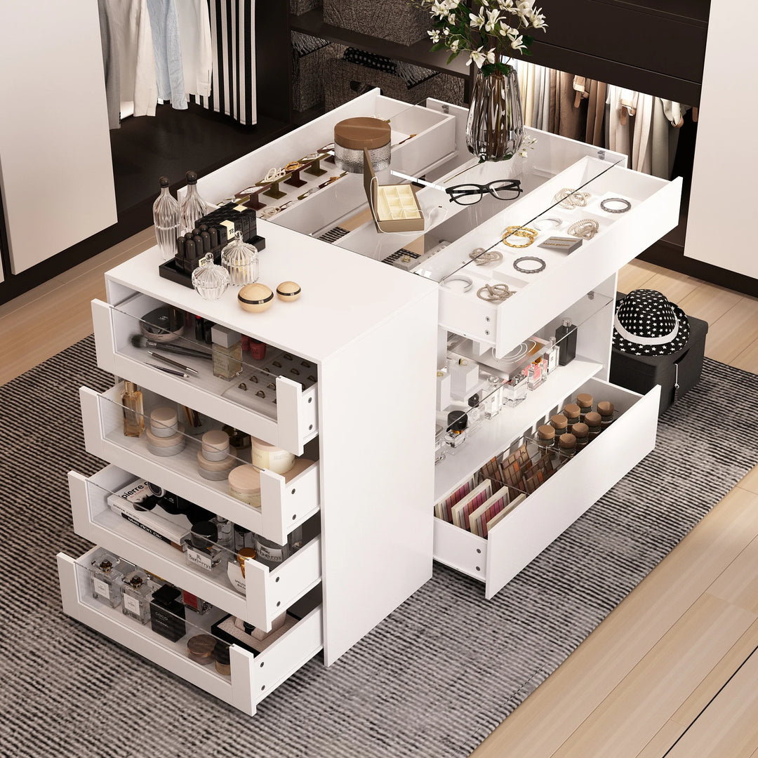 HOMELAVY Glass-Top Closet Organizer White Dressing Island Ample Storage Dresser Cabinets