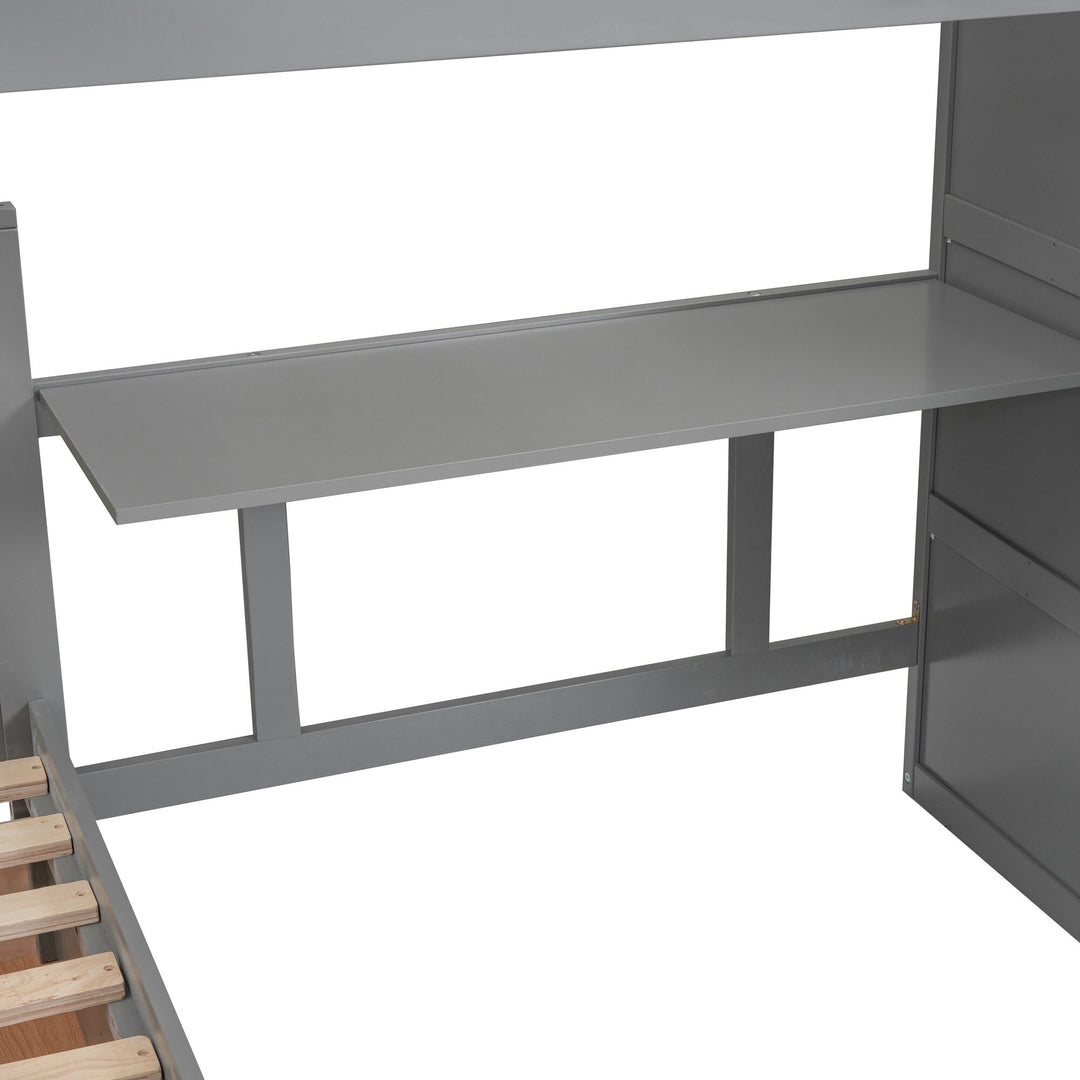 L-Shaped Bunk Bed with Three Drawers, Portable Desk and Wardrobe, Twin-Twin over Full Design