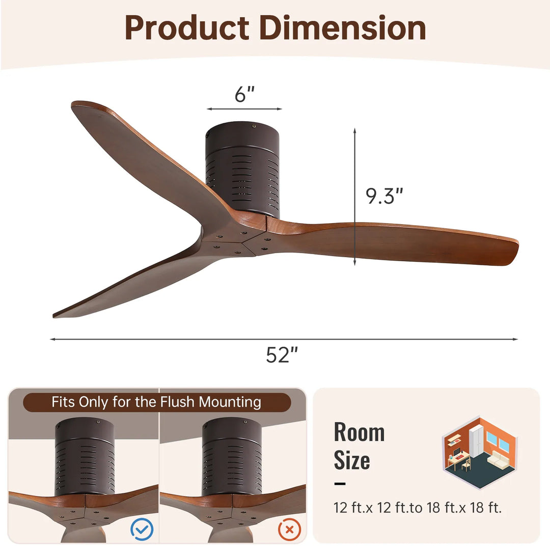 Sofucor 42"/48"/ 52"/60"Noiseless Walnut Wood Ceiling Fan with Remote Control, Integrated Light Optional