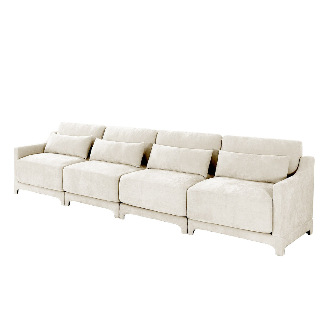 Modern Chenille 4-Seater Sofa with 2 Ottoman, Lumbar Cushions, Ergonomic Backrest, High-Resilience Spongeand Tufted Armrests