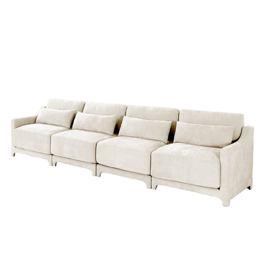 Modern Chenille 4-Seater Sofa with 2 Ottoman, Lumbar Cushions, Ergonomic Backrest, High-Resilience Spongeand Tufted Armrests