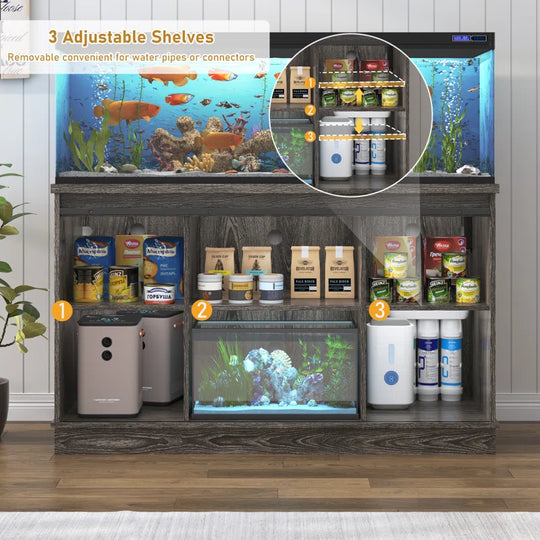 Farmhouse Aquarium Stand for 55-75 Gallon Fish Tanks, Reptile Tank Stand with Power Outlet & Sliding Barn Door, Heavy Duty Fish Tank Stand with Cabinet Storage for Turtle Tanks/Reptile Terrariums
