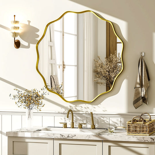 Round Wavy Bathroom Mirror Deep Frame Decorative Mirror Wall-Mounted