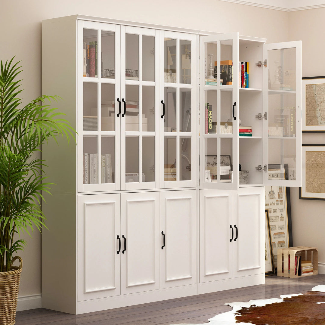 78.7"H Combo Buffet Sideboard White Curio Bookcase Cabinet Glass Door