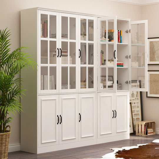 78.7"H Combo Buffet Sideboard White Curio Bookcase Cabinet Glass Door