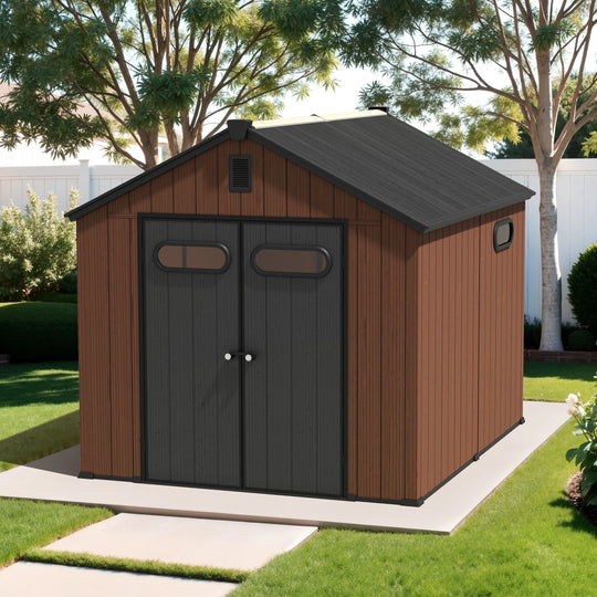 8X8/8X10/8X12 FT All-Weather Outdoor Resin Lockable Storage Shed with Windows Floor for Patio Furniture and Tools