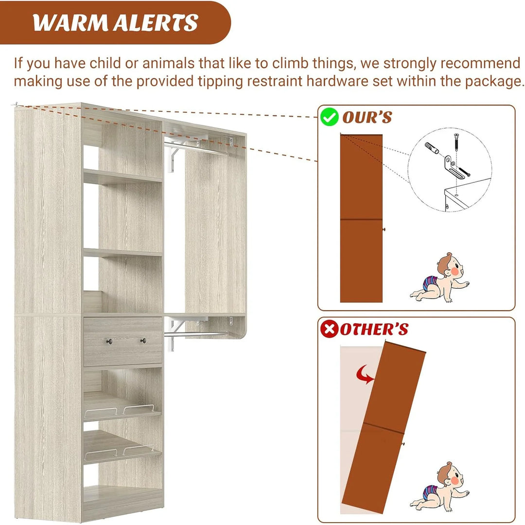 5FT Closet System with 2 Hanging Rods and Wooden Drawer, Walk-In Closet Organizer with 2 Wing Shelve and Adjustable Rack Shelves