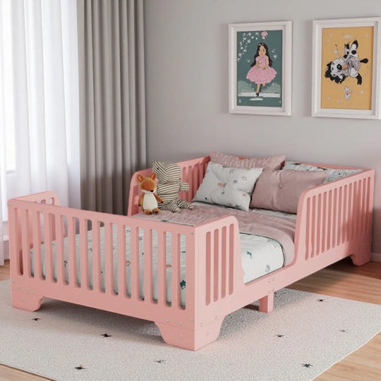 Full Size Montessori Floor Bed Frame with Safety Rails and Removable Door, Low Profile Kids Bed with Slatted Support