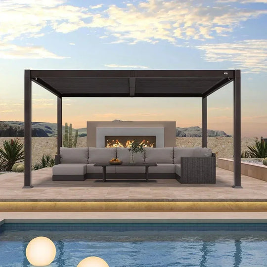 Solar Louvered Pergola with LED String Lights Aluminum Outdoor Pergola with Adjustable Roof for Patio Garden