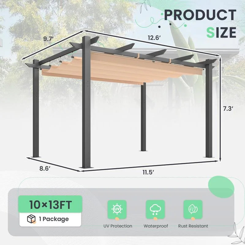10' X 13' Outdoor Pergola with Retractable Canopy, Heavy-Duty Metal Frame and Adjustable Patio Shade Roof