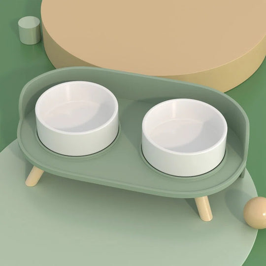 Bone China Double Pet Feeder, Elevated Cat Dog Food Double Bowls, Ceramic Pet Feeding Bowl for Food and Water