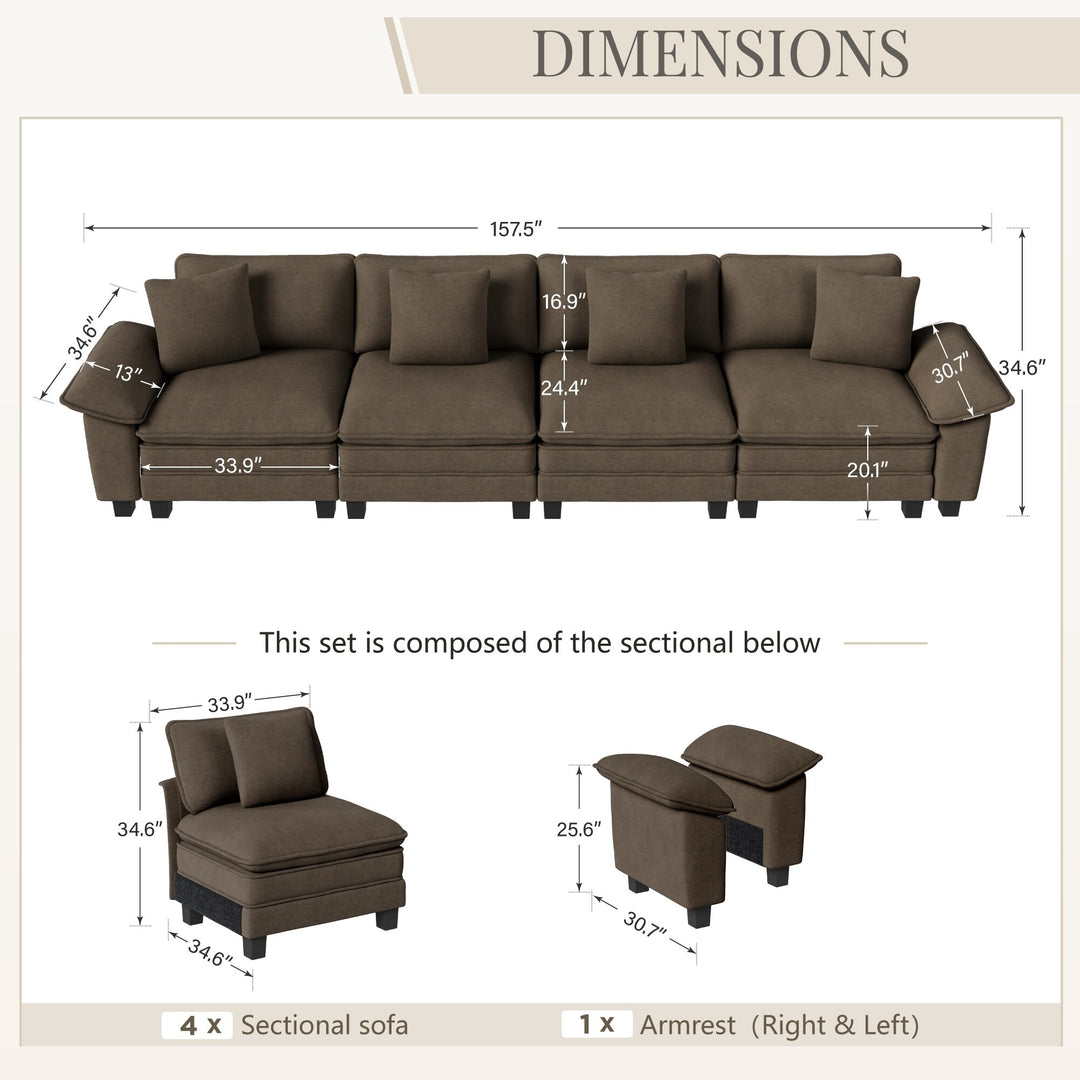 Cloud Modular Deep Seat Sofa, Chenille or Corduroy Sectional Couch with Removable Arms, 1–4 Seater