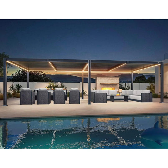 Solar Louvered Pergola with LED String Lights Aluminum Outdoor Pergola with Adjustable Roof for Patio Garden