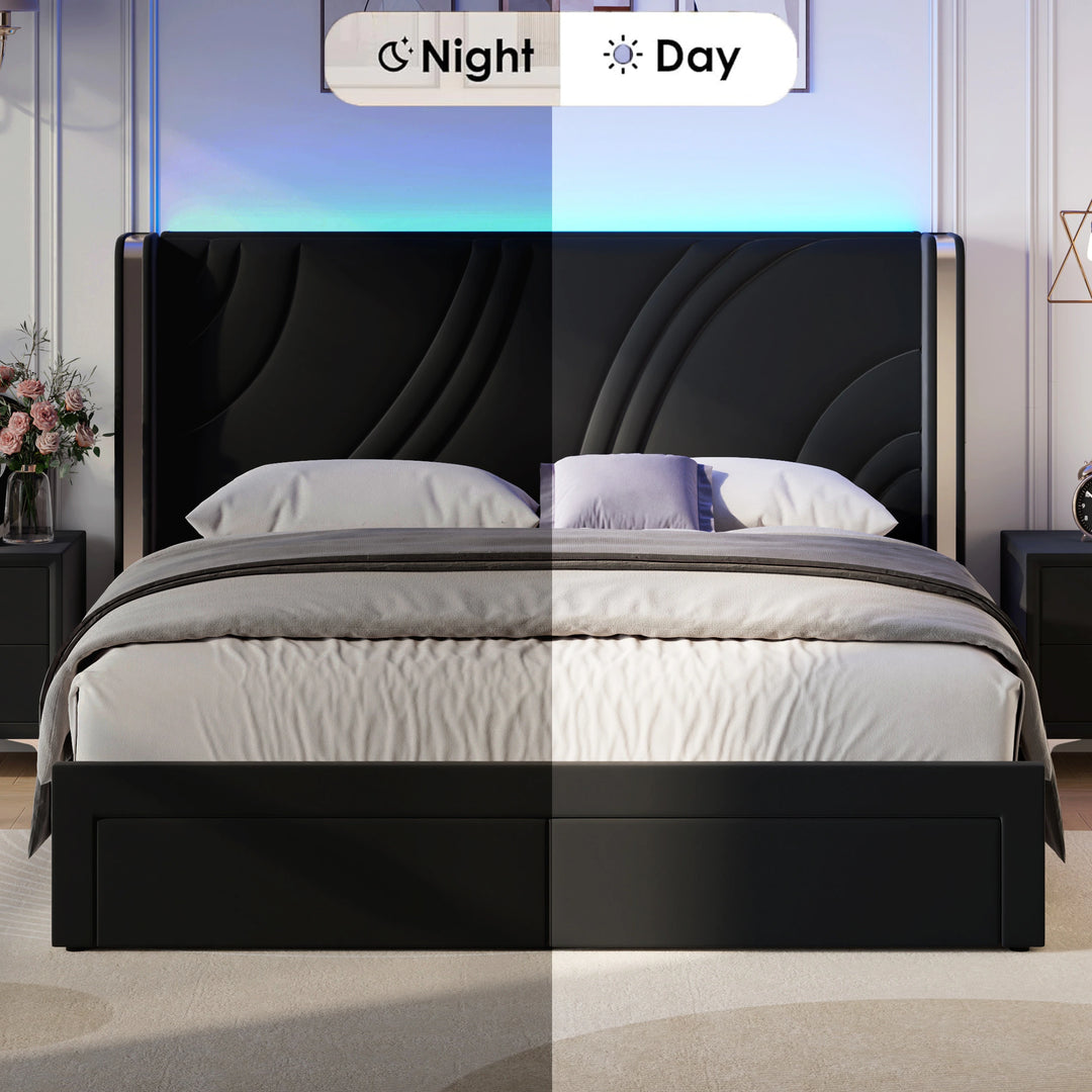 Velvet Upholstered Platform Bed with Smart Ambient Strip Lights Wingback Headboard and Endbed Pull-Out Storage Drawers
