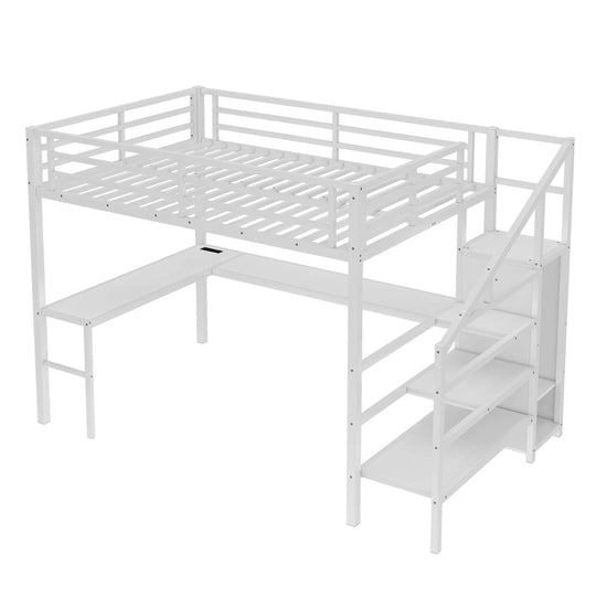 Queen Size Esports Gaming & Work Loft Bed with L-Shaped Desk, USB, LED, Wardrobe and Adjustable Shelf, Versatile Metal Bed Frame