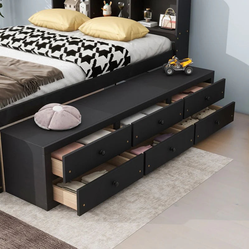 Storage Platform Bed with Bookcase Headboard,Drawers and Bed End Storage Case,Full Size
