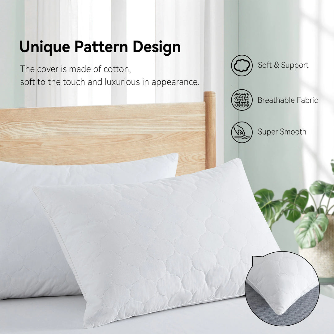 2 Pack Goose Feather down Pillows with Quilted Cotton Cover - White