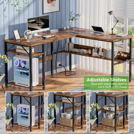 Reversible L Shaped Desk with Storage Shelves, Home Office Corner Desk with Charge Station