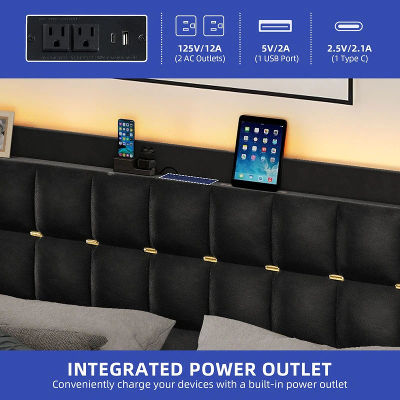 Queen/King Size Velvet Upholstered Bed with Charging Station and Storage Drawers