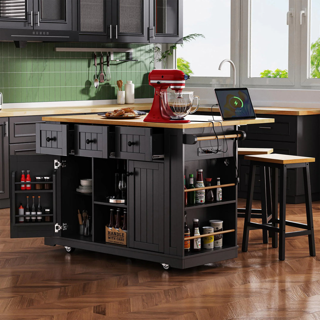 Large Kitchen Island with Drop Leaf,Power Outlet,Door Internal Storage Rack,3 Drawers(Not Include Bar Stools)