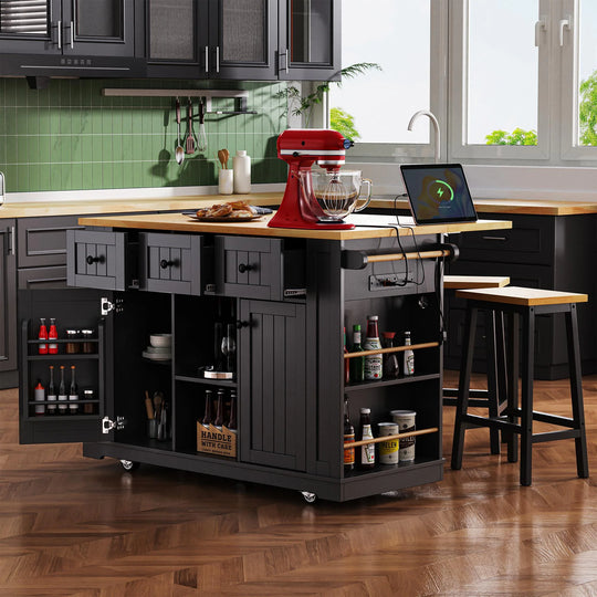 Large Kitchen Island with Drop Leaf,Power Outlet,Door Internal Storage Rack,3 Drawers(Not Include Bar Stools)