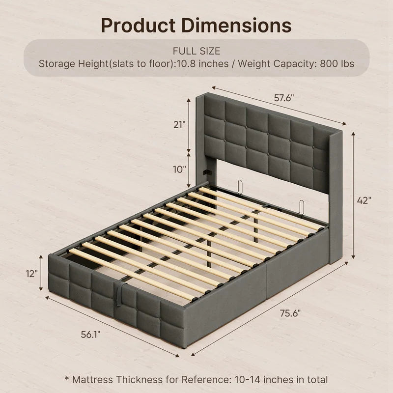 Lift up Storage Bed Frame, Upholstered Platform Bed Frame with Hydraulic Storage System and Headboard