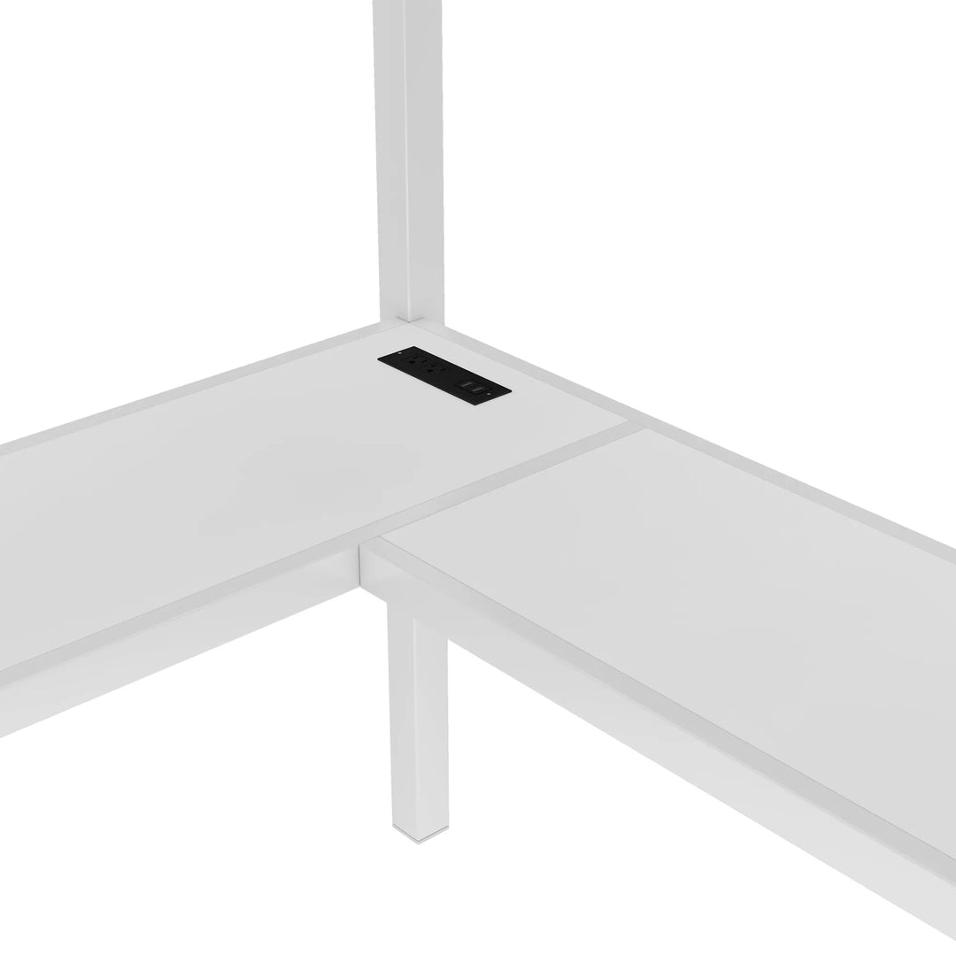 Queen Size Esports Gaming & Work Loft Bed with L-Shaped Desk, USB, LED, Wardrobe and Adjustable Shelf, Versatile Metal Bed Frame