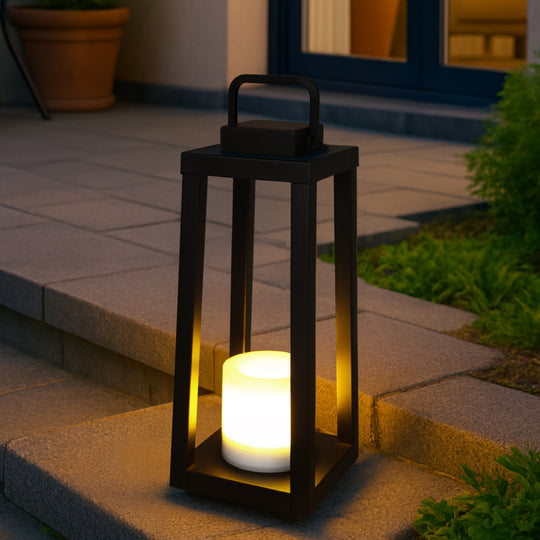 1 Light H16" Modern Matte Black Solar Lantern with Candle Shape Outdoor Light Decorative Portable Hanging LED Lights