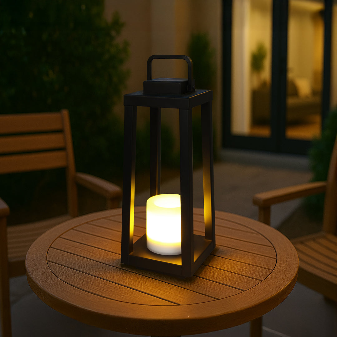 1 Light H16" Modern Matte Black Solar Lantern with Candle Shape Outdoor Light Decorative Portable Hanging LED Lights