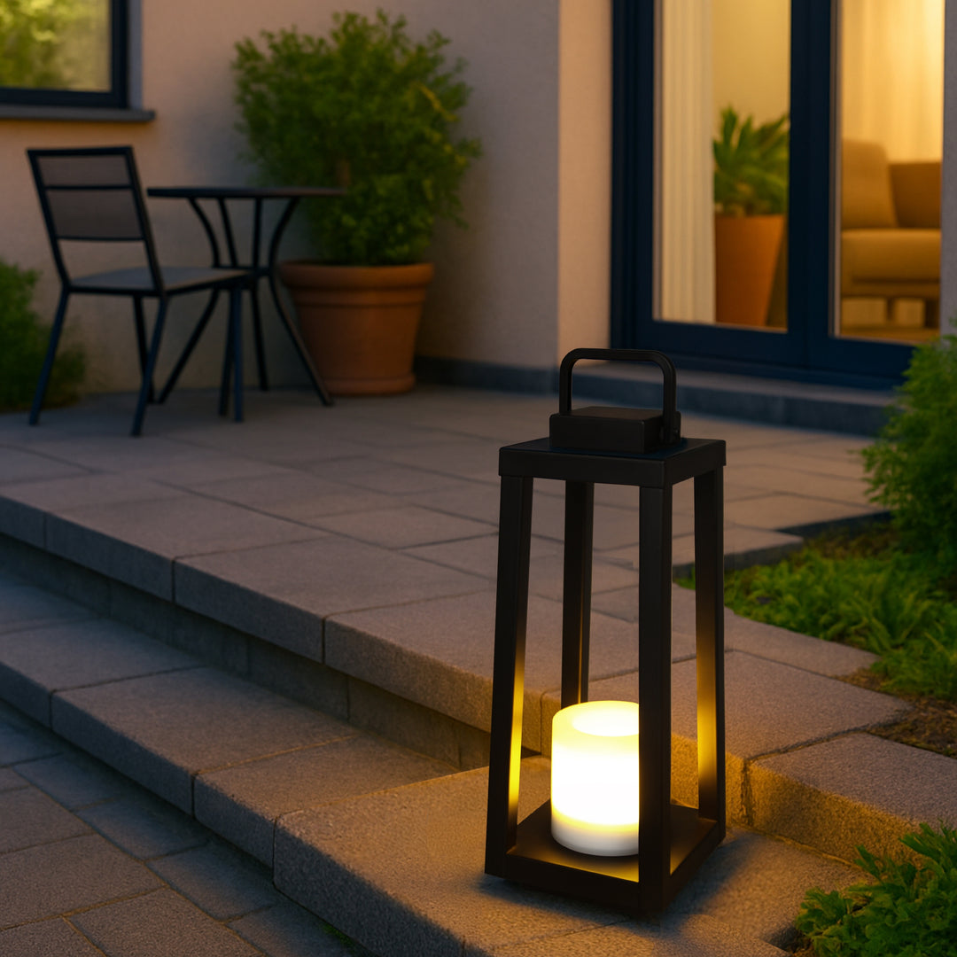 1 Light H16" Modern Matte Black Solar Lantern with Candle Shape Outdoor Light Decorative Portable Hanging LED Lights