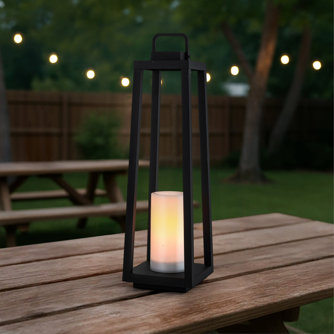 1 Light H16" Modern Matte Black Solar Lantern with Candle Shape Outdoor Light Decorative Portable Hanging LED Lights