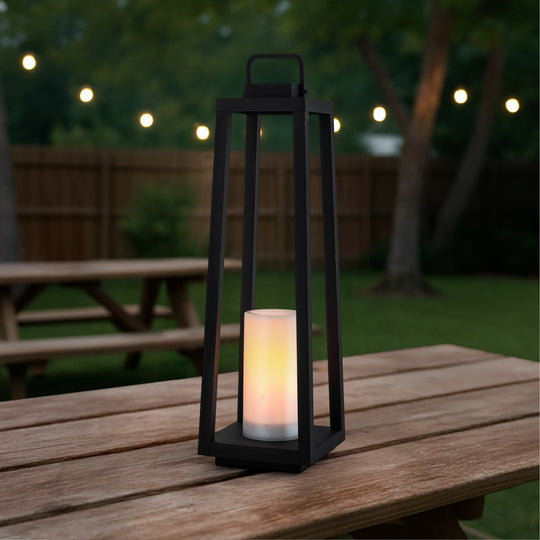 1 Light H16" Modern Matte Black Solar Lantern with Candle Shape Outdoor Light Decorative Portable Hanging LED Lights