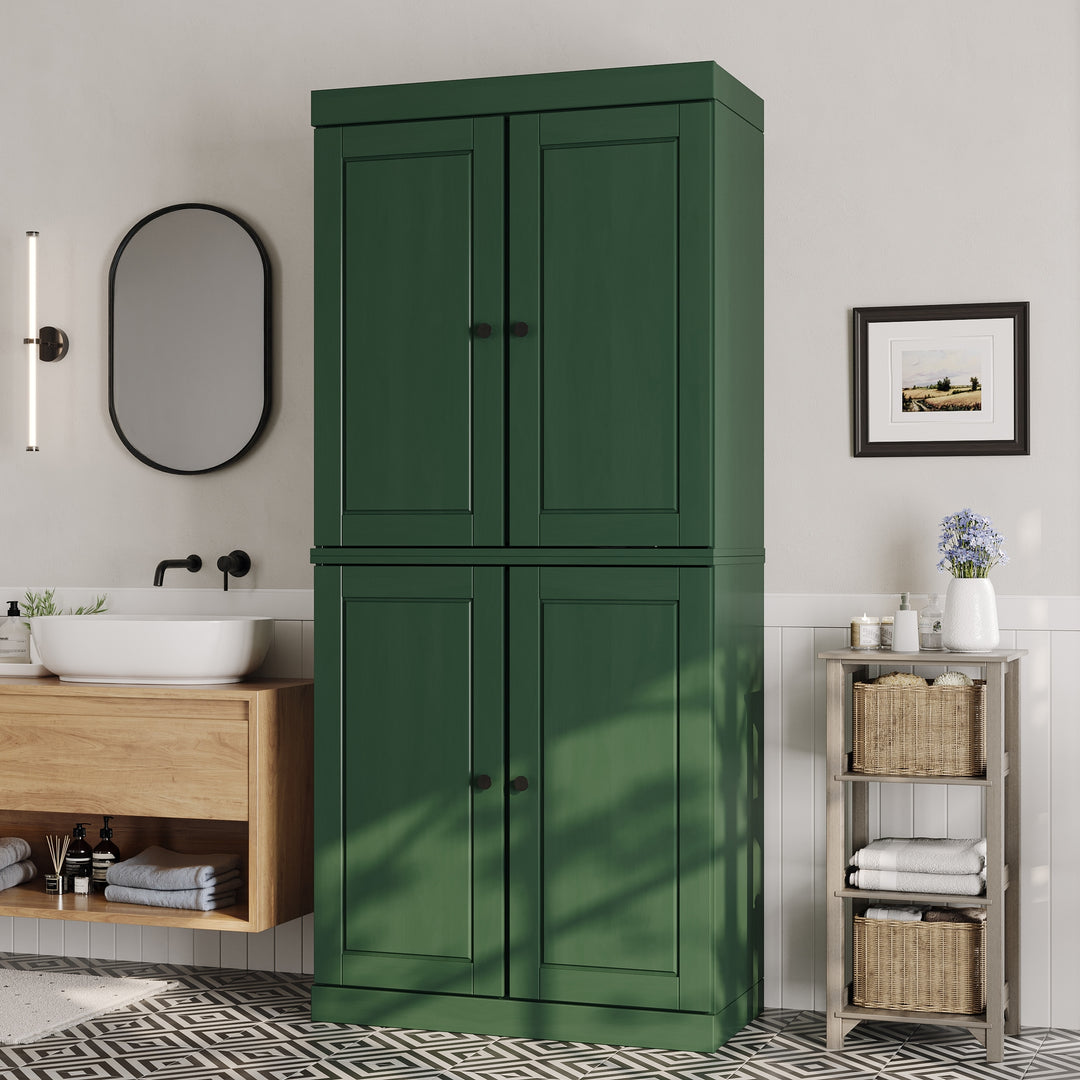 100% Solid Wood Bathroom & Laundry Storage Cabinet, Raised Panel Doors, Adjustable Shelves, 32" Wide, 71.5" Tall