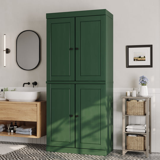 100% Solid Wood Bathroom & Laundry Storage Cabinet, Raised Panel Doors, Adjustable Shelves, 32" Wide, 71.5" Tall