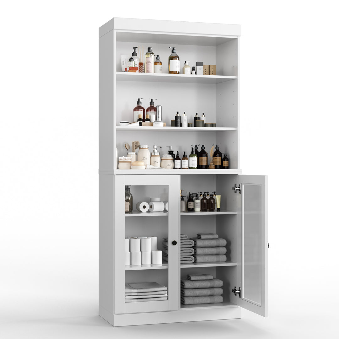 100% Solid Wood Bathroom & Laundry Storage Cabinet, Raised Panel Doors, Adjustable Shelves, 32" Wide, 71.5" Tall